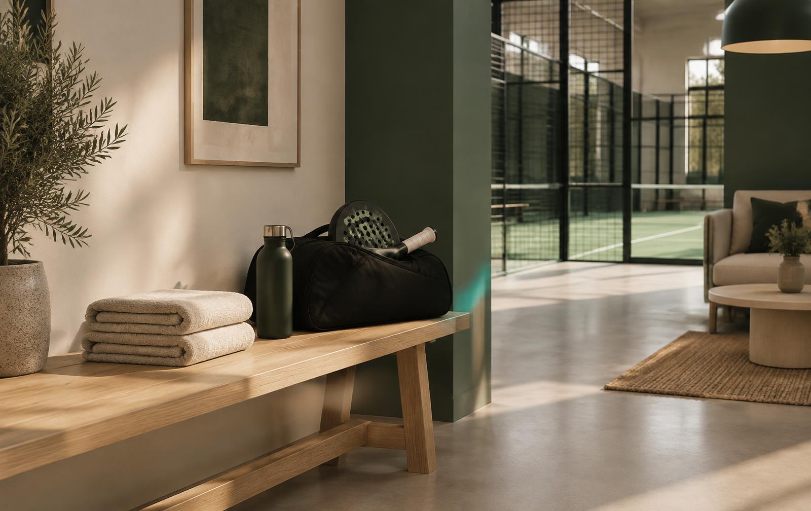 Bænk med håndklæder og padeltaske i klubbens lounge